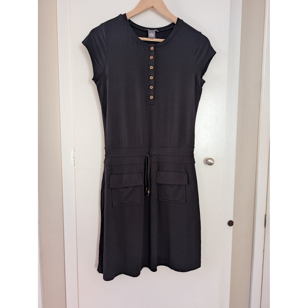 Chelsea & Theodore Petite Black Henley Drawstring Utility Dress 4P Lagenlook